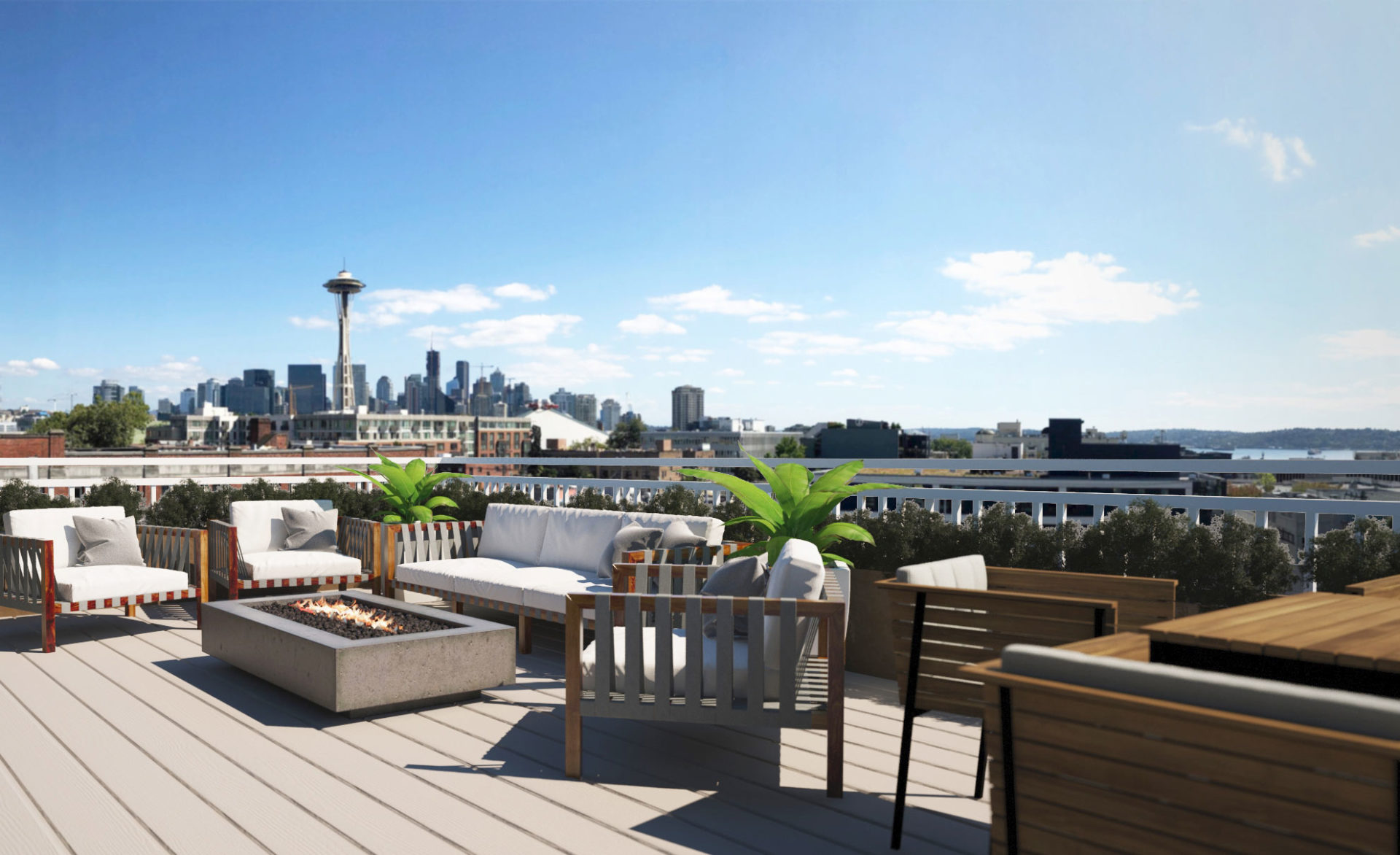 Rooftop deck with a view of the Seattle Space Needle